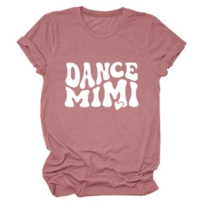 Detail of soft dusty pink crew neck T-shirt featuring white DANCE MIMI heart print