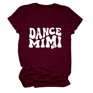Detail of burgundy crewneck T-shirt showing white DANCE MIMI art print and heart detail