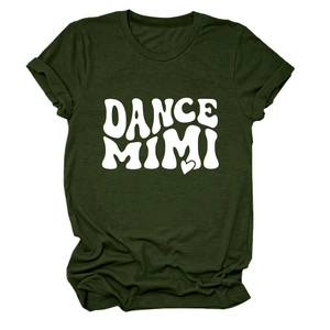 Detail of dark green crew neck T-shirt featuring white DANCE MIMI printed text and heart