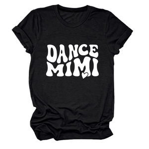 Detailed view of black crew neck T-shirt featuring white DANCE MIMI print and heart