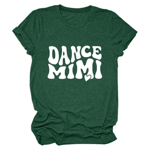 Detail of green cotton T-shirt showing round neck and white DANCE MIMI heart print