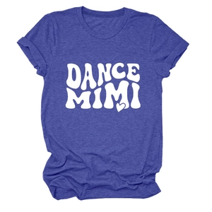 Detail of purple-blue short sleeve T-shirt showing marl fabric and Dance Mimi logo