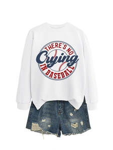 Detail of white cotton sweatshirt featuring a screen-printed baseball themed graphic print