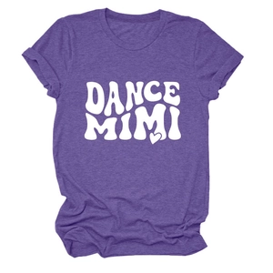 Detail of purple cotton T-shirt featuring DANCE MIMI logo print and soft marl texture