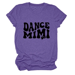 Detail of soft purple crewneck T-shirt with bold DANCE MIMI logo and heart accent