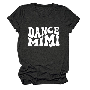 Detail of dark grey crew neck t-shirt with white DANCE MIMI print and heart graphic