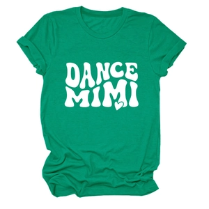 Detail of green round neck T-shirt featuring white DANCE MIMI print and heart detail