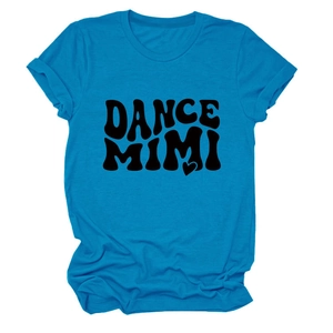 Detail of blue crew neck T-shirt featuring rolled cuffs and black DANCE MIMI heart print
