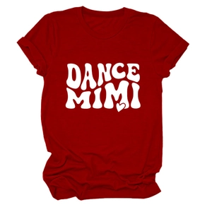 Close-up of red crew neck T-shirt with white DANCE MIMI lettering and heart graphic