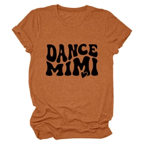 Detailed view of caramel crew neck T-shirt with black DANCE MIMI and heart print