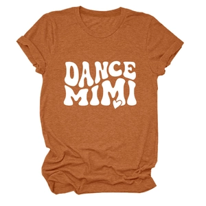 Detail of rust red crew neck T-shirt with vintage DANCE MIMI print and cotton texture