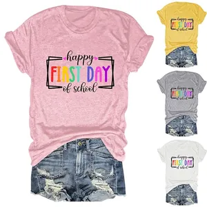 Maglietta da Donna Happy First Day Of School Stampa Lettere Arcobaleno in Misto Cotone Manica Corta Girocollo Casual Top