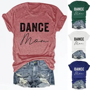 Women T-Shirt Cotton Blend Round Neck Short Sleeve Dance Mom Letter Print Casual Summer Top Loose Fit