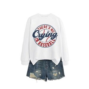 Women's white baseball sweatshirt and distressed denim shorts casual outfit set