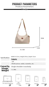 Detailed size chart for nylon tote bag showing dimensions and crossbody strap length