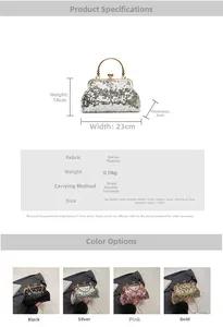 Detailed dimensions and four color options for the sequined evening clutch bag