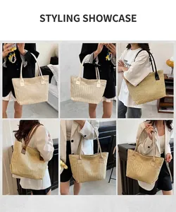 Detail view of woven straw bucket bags in natural colors for shoulder and hand carry