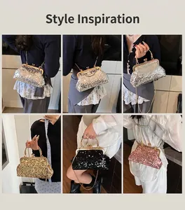 Detail view of sparkly sequin clutch bags in gold, silver, black and pink with chain straps