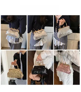 Detail view of sparkly sequin clutch bags in gold, silver, black and pink with chain straps