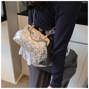 Macro shot of silver sequin evening bag with gold metal clasp and chain strap detailing
