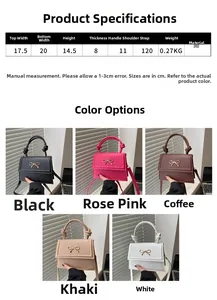 Specifiche dettagliate su dimensioni e materiali per questa elegante borsa a tracolla con fiocco