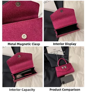Detailed views of magenta glitter handbag featuring metal bow clasp and interior storage