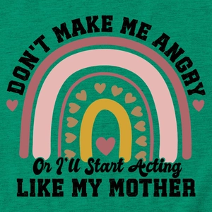 Detail of green cotton T-shirt featuring a colorful rainbow and humorous slogan print