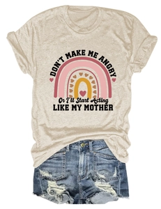 Detail of beige round neck t-shirt with rainbow print and Don't Make Me Angry text