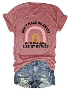 Detail of crew neck T-shirt fabric with rainbow print and funny slogan in brick red color