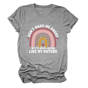 Detail of grey heather t-shirt featuring rainbow print and funny mother quote text