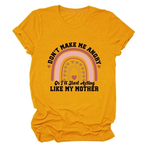 Detail of yellow crew neck t-shirt featuring rainbow print and funny slogans