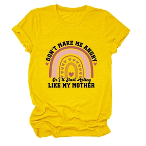 Detail of yellow cotton t-shirt featuring rainbow print and funny quote typography