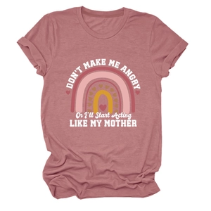 Detail of soft cotton crewneck t-shirt in dusty rose with rainbow and heart graphic print