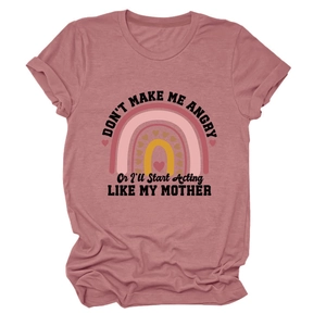 Close-up of the rainbow graphic and funny quote print on a dusty pink cotton t-shirt
