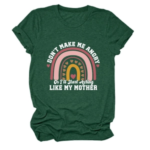 Detail of roll-up sleeves and slogan print on dark green melange cotton t-shirt