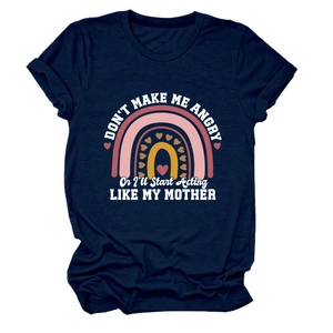 Detail of the navy blue cotton t-shirt with colorful arc rainbow and funny typography