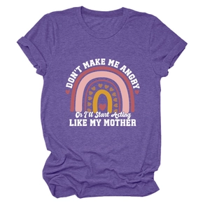 Detailed flat lay of purple crewneck T-shirt with vintage rainbow and heart graphic