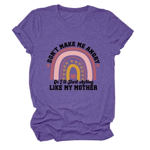 Detail of the funny purple slogan t-shirt with heart and rainbow print graphics