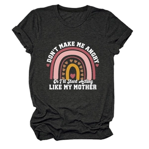 Detail of a charcoal cotton T-shirt featuring rainbow print and humorous text design