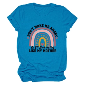 Detail of bright blue crew neck t-shirt with rainbow print and humorous text design