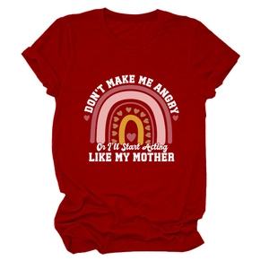 Close-up of maroon cotton t-shirt with rainbow print and funny mother quote text
