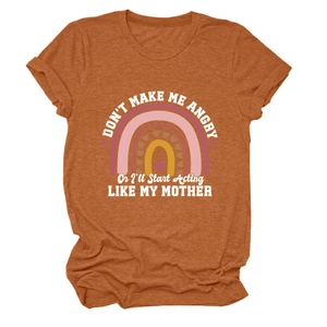 Detail of rust red crew neck t-shirt with rainbow print and funny mother slogan