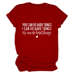 Detailed view of dark red t-shirt with You Can Do Hard Things white screen print