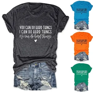 Women T-Shirt Cotton Blend Short Sleeve Round Neck Inspirational Letter Print Casual Loose Summer Top Motivational