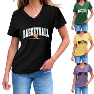 Detail view of V-neck basketball mom t-shirts in black, green, yellow and purple colors