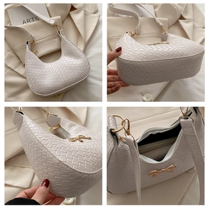 Detailed four-angle view of beige moon bag with woven texture and gold bow buckle