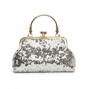 Elegant silver sequin evening clutch bag with golden floral metal handle and kiss-lock