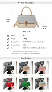 Size chart and color options for stylish contrast color PU leather crossbody handbag