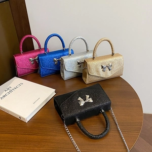 Women Glitter Shiny Bowknot Small Square Bag Fashion PU Leather Handheld Shoulder Crossbody Chain Bag Evening Party Bag