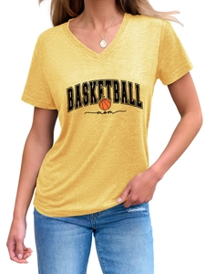 Detail of V-neck yellow Basketball Mom T-shirt with athletic print on textured fabric